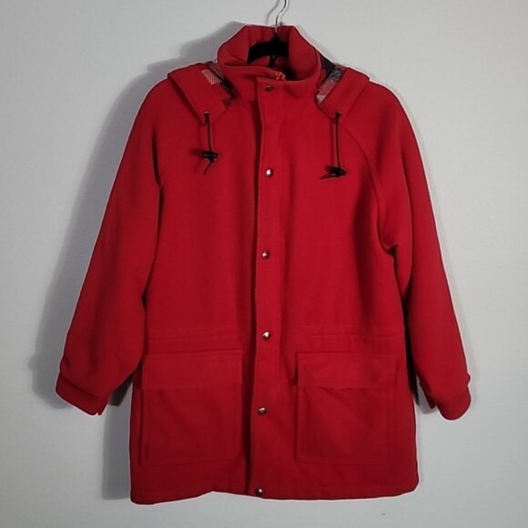 Vintage Woolrich Women Wool Chore Coat Size S Red Plaid Hooded Barn Zip Button - Picture 1 of 16